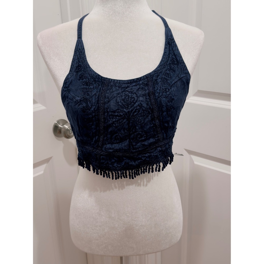 KIRAT Women's Blue Embroidered Fringe Halter Crop Top Boho Festival One Size‎